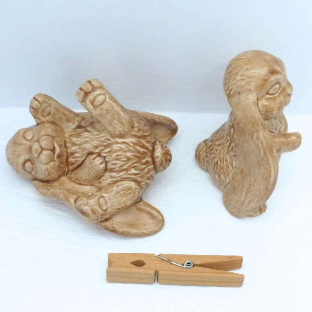 Handmade Ceramic Bunny Figurines Tan Glossy Finish Set of 2